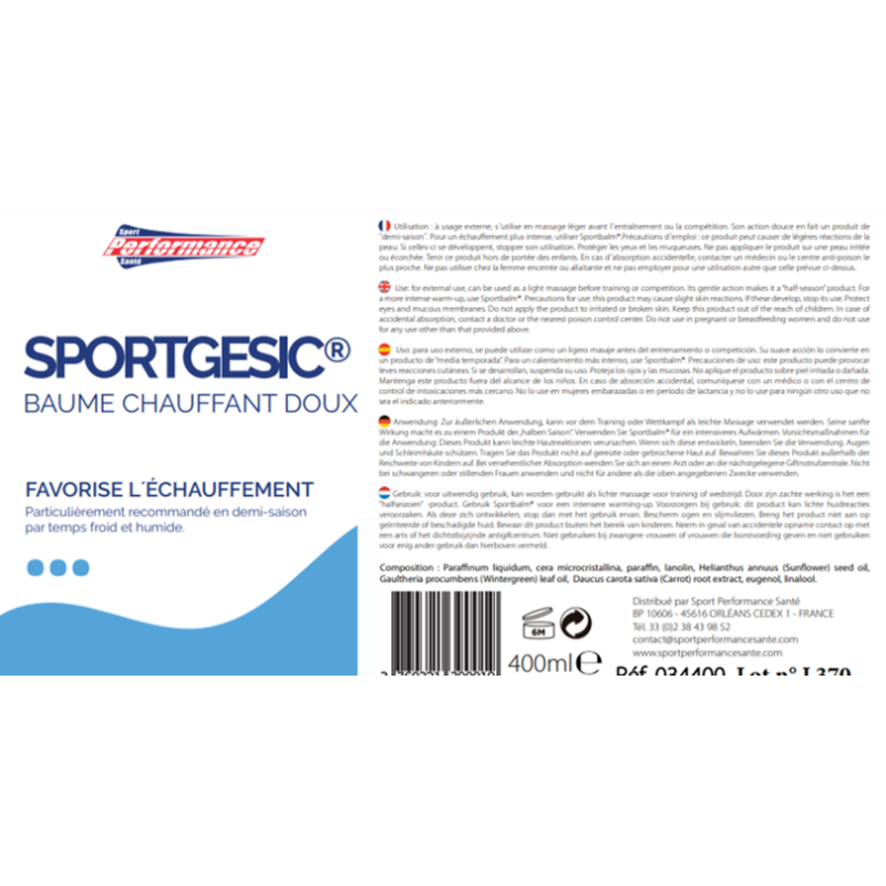 BAUME CHAUFFANT DOUX SPORTGESIC Pot de 400 ml